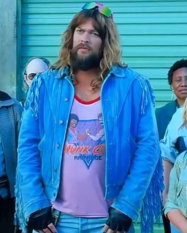 A Minecraft Movie 2025 Jason Momoa Blue Fringe Jacket