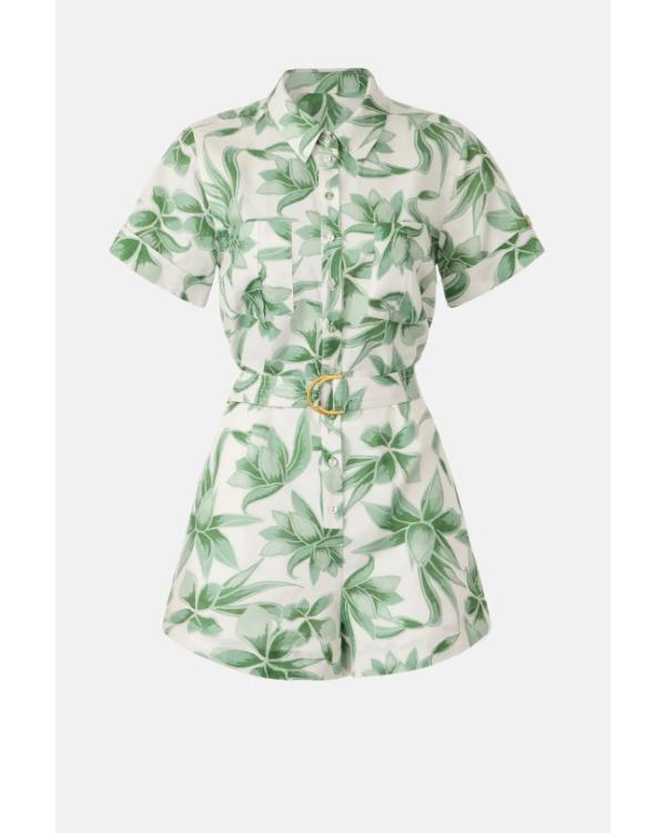 Access Daily 2025 Adrianna Costa Green Leaf Print Belted Romper