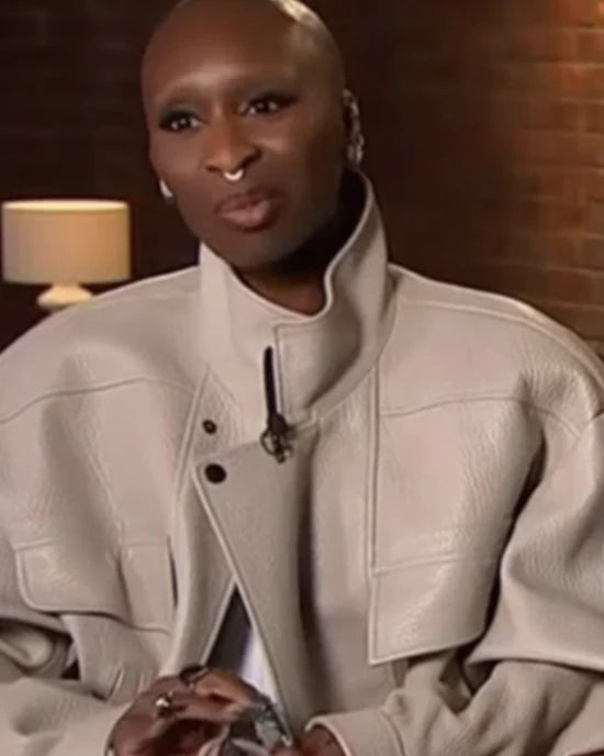 Access-Hollywood-2025-Cynthia-Erivo-Ivory-Leather-Jacket