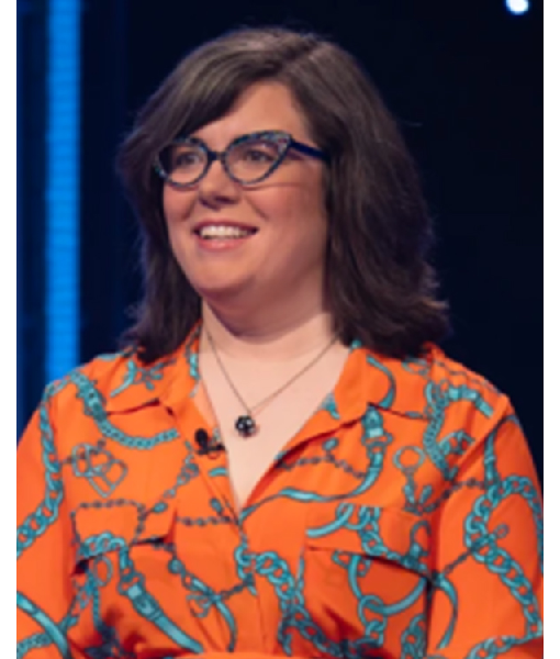 Jeopardy Masters S03 Victoria Groce Orange Chain Print Blouse