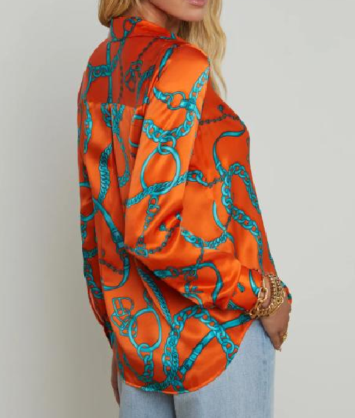 Jeopardy Masters S03 Victoria Groce Orange Chain Print Blouse