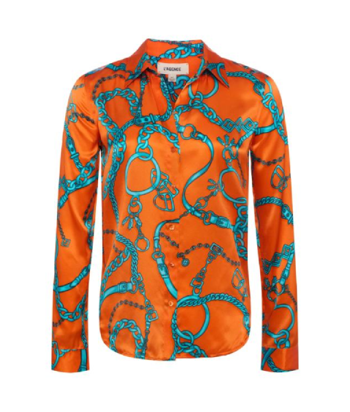 Jeopardy Masters S03 Victoria Groce Orange Chain Print Blouse