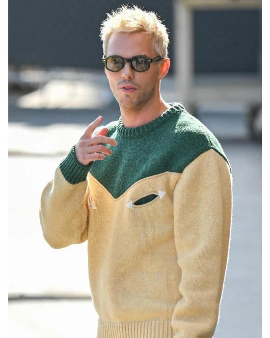 Jimmy Kimmel Live 2025 Nicholas Hoult Green & Beige Sweater
