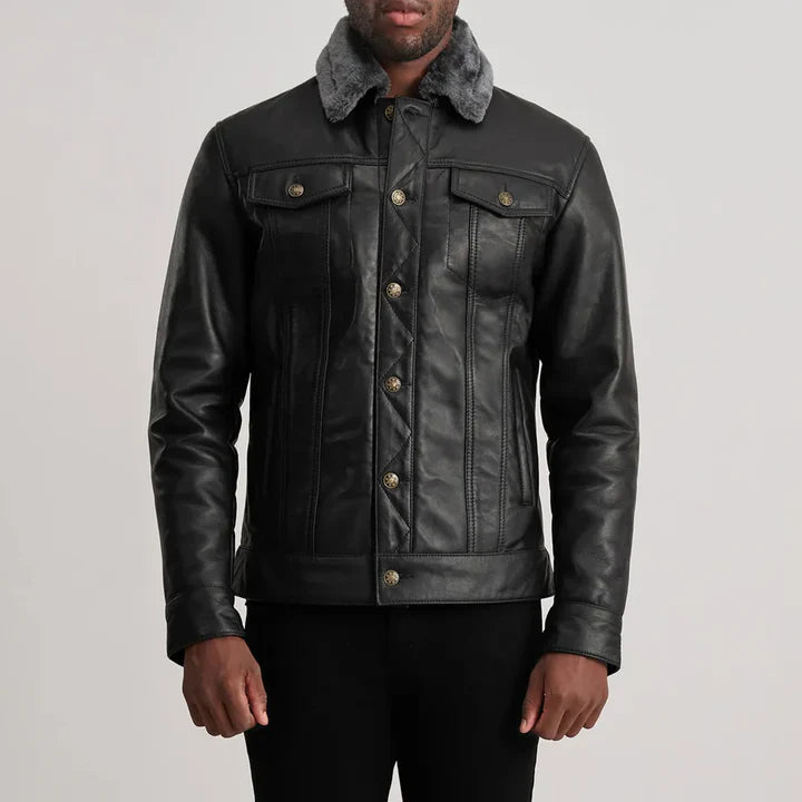 Dallis Black Leather Shearling Trucker Jacket