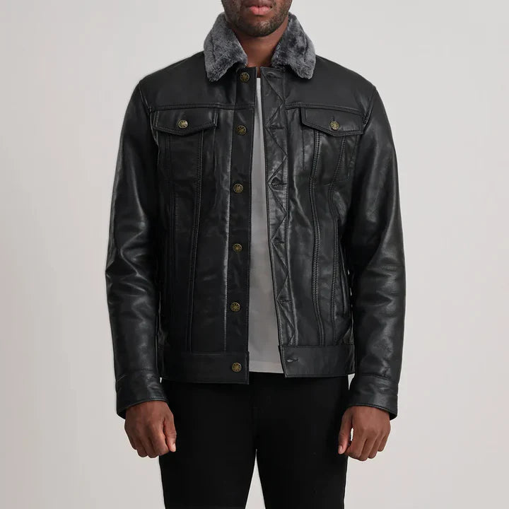 Dallis Black Leather Shearling Trucker Jacket
