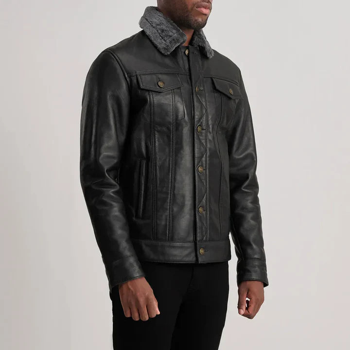 Dallis Black Leather Shearling Trucker Jacket