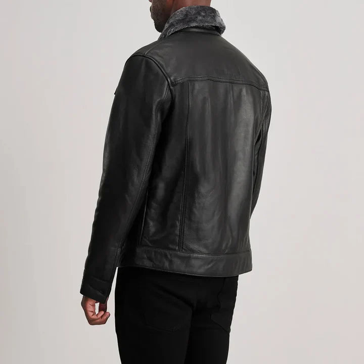 Dallis Black Leather Shearling Trucker Jacket