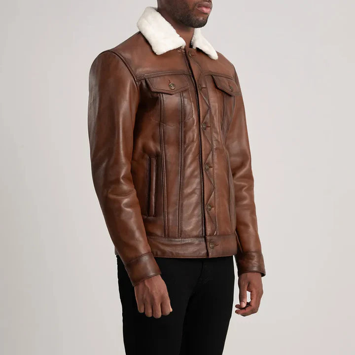 Dallis Brown Leather Shearling Trucker Jacket