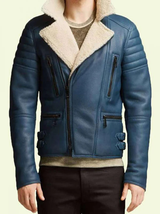 Cafe Racer Blue Shearling Jacket