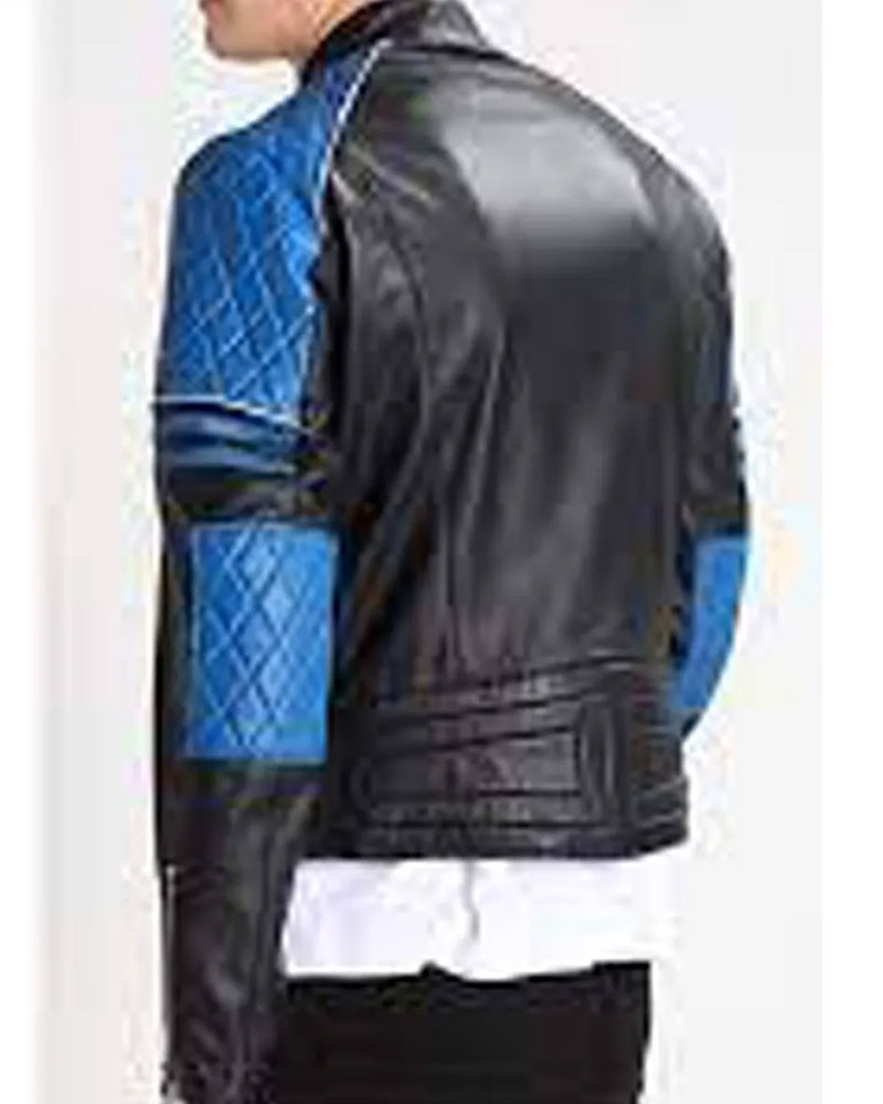 Men’s Quilted Biker Stylish Black and Blue Leather Jacket