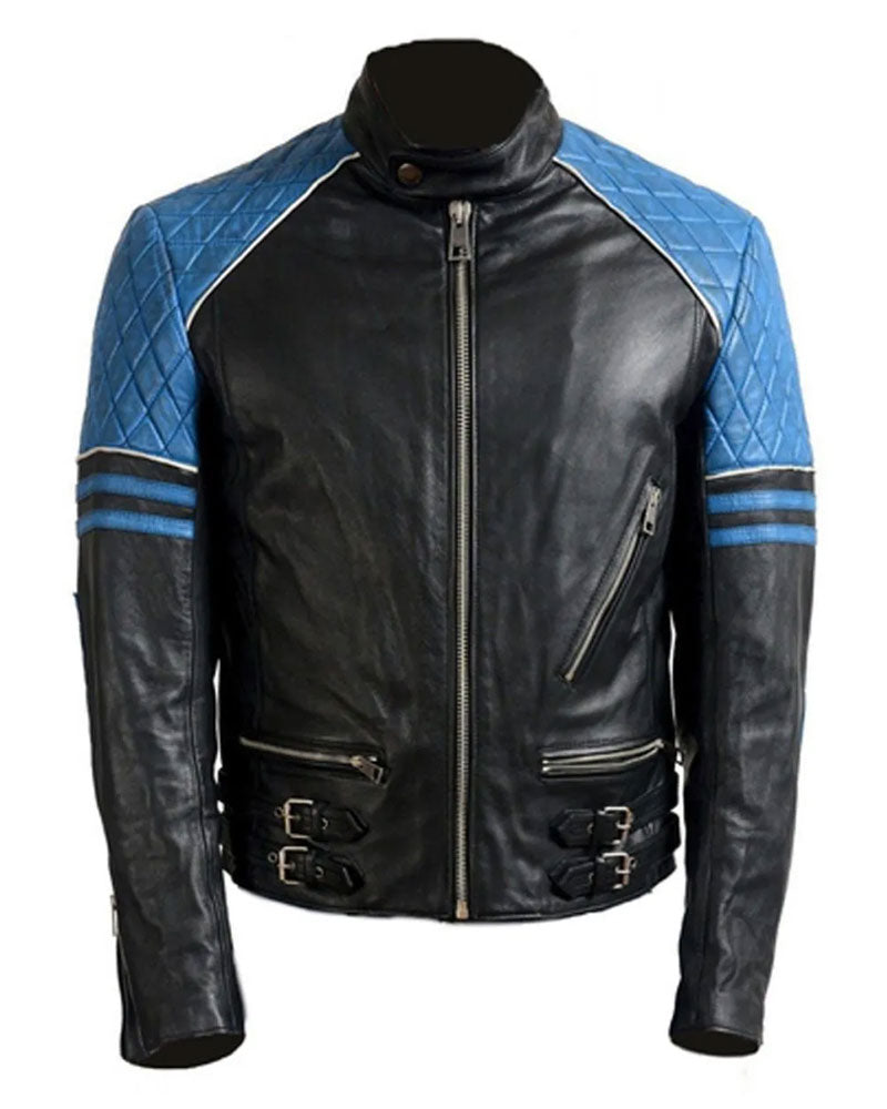 Men’s Quilted Biker Stylish Black and Blue Leather Jacket