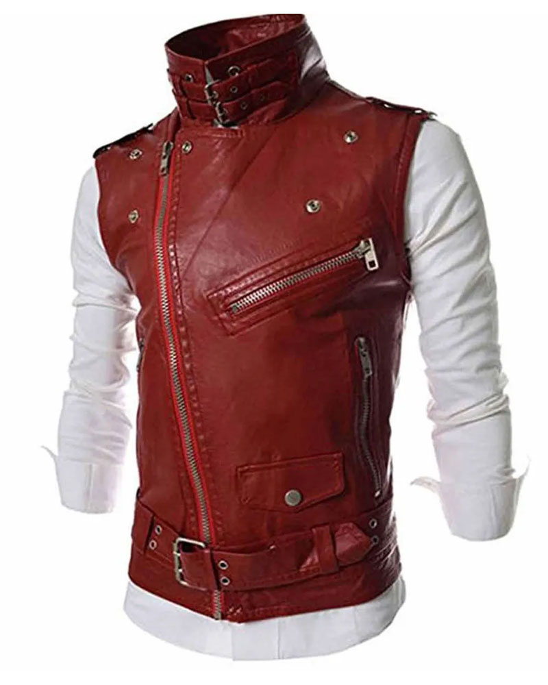 Men’s Slim Fit Biker Asymmetrical Zipper Red Leather Vest