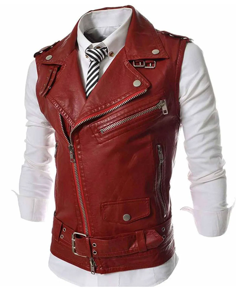 Men’s Slim Fit Biker Asymmetrical Zipper Red Leather Vest