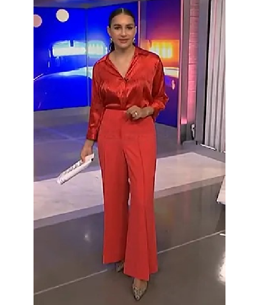 NBC News Daily 2025 Morgan Radford Red Silk Printed Shirt