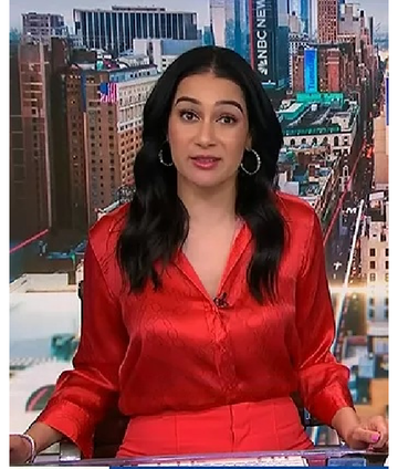 NBC News Daily 2025 Morgan Radford Red Silk Printed Shirt