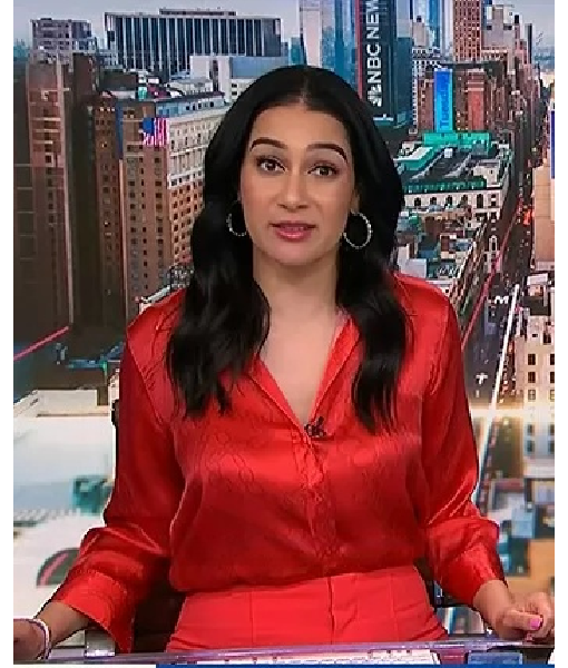 NBC News Daily 2025 Morgan Radford Red Silk Printed Shirt