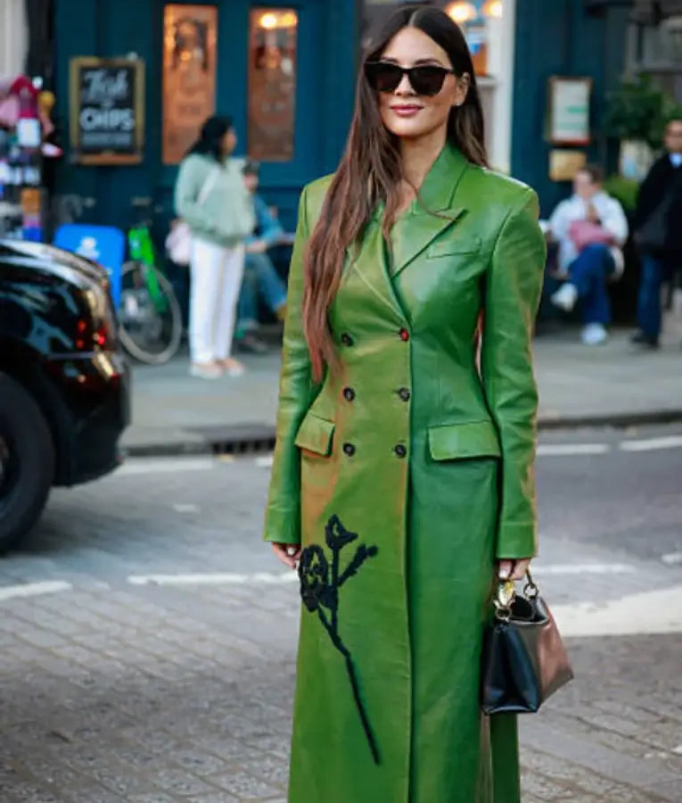 Olivia Munn 2025 LFW Erdem Show Green Long Coat