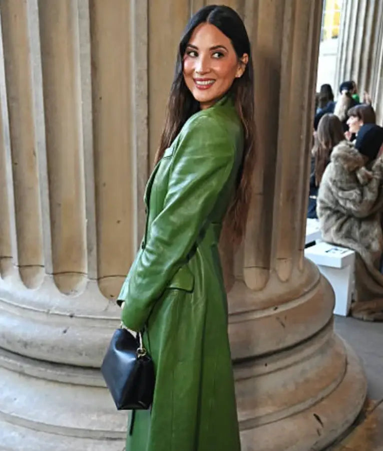 Olivia Munn 2025 LFW Erdem Show Green Long Coat