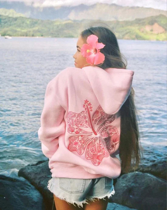 Pink Palm Puff Hawaii Hibiscus Pink Hoodie
