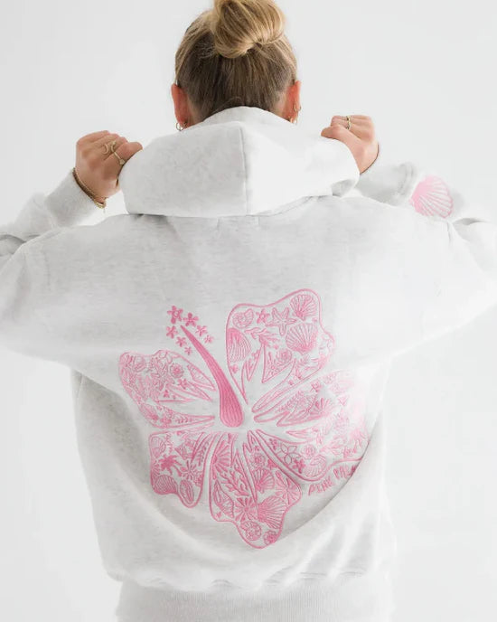 Pink Palm Puff Hawaii Hibiscus White Hoodie
