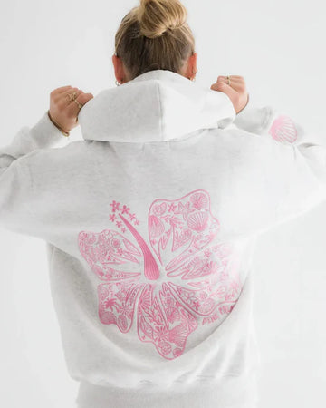 Pink Palm Puff Hawaii Hibiscus White Hoodie