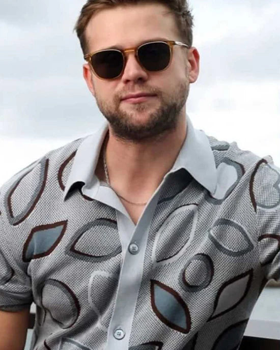 Press Junket 2025 Leo Woodall Leaf Grey Print Shirt