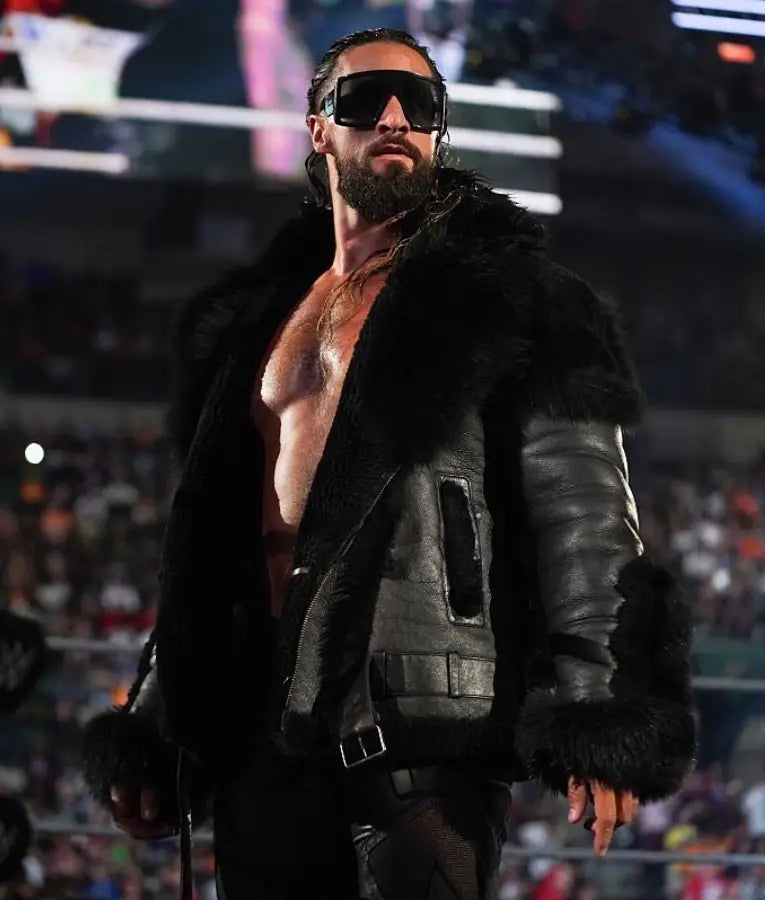 Seth Rollins Monday Night RAW Black Leather Fur Jacket