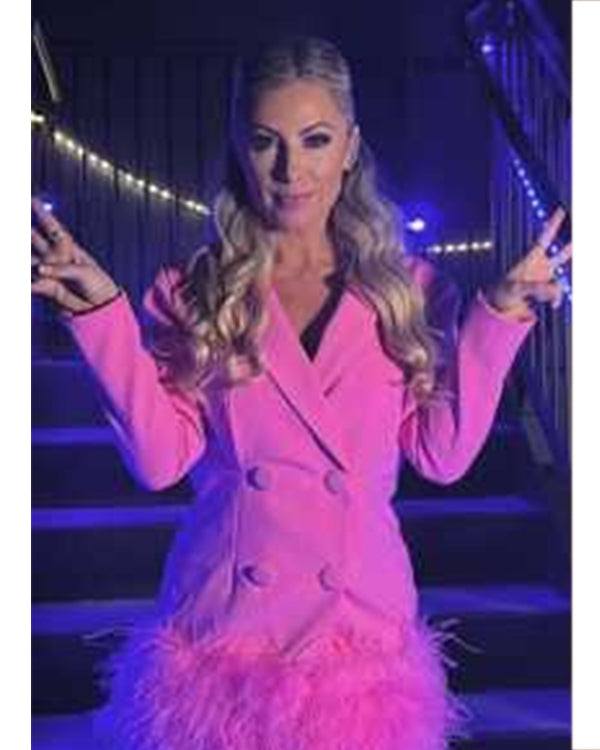 WWE NXT 2025 Sarah Schreiber Pink Feathers Trim Dress