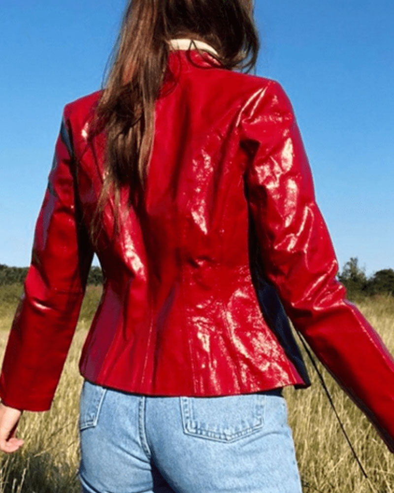 Women Red Full Zipper Leather Jacket