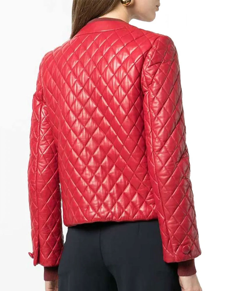 Women’s Collarless Quilted Red Leather Jacket