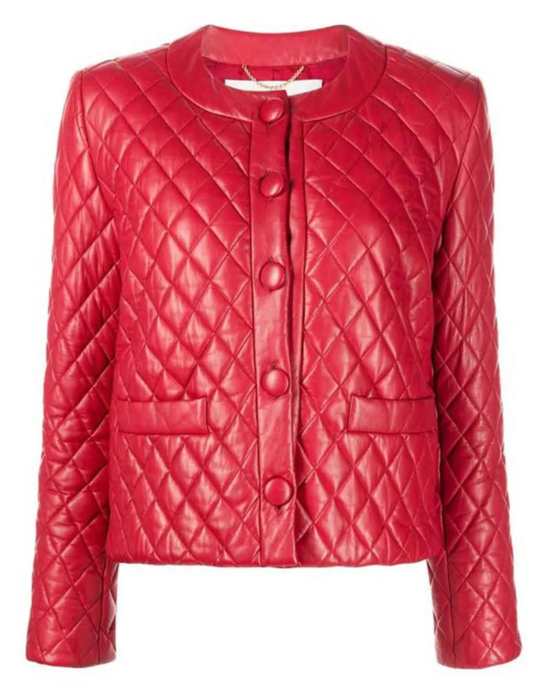 Women’s Collarless Quilted Red Leather Jacket