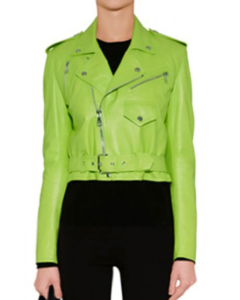 Women’s Lime Green and Pink Leather Motorcycle Jacket
