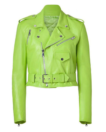 Women’s Lime Green and Pink Leather Motorcycle Jacket