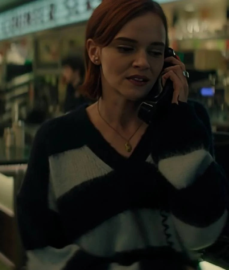 YOU S05 Madeline Brewer Striped V Neck Sweater