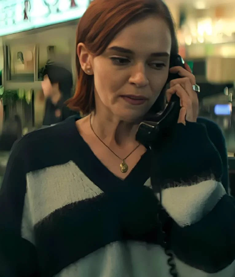 YOU S05 Madeline Brewer Striped V Neck Sweater